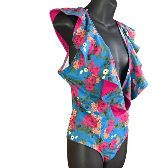 one-piece floral print swimsuit in multicolor deep V-neck ruffle trim med - Picture 2 of 12